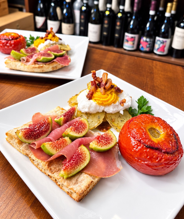 Focaccia con prosciutto crudo e fichi, torretta di patate e pomodoro al forno